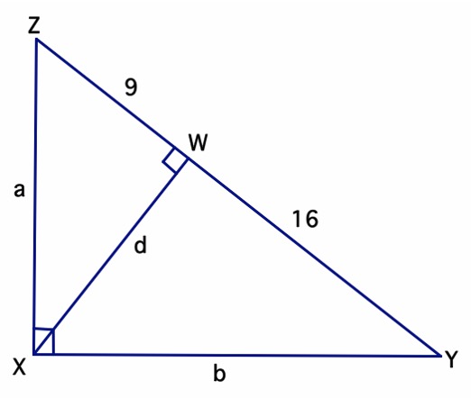 picture of the problem: a triangle with hypotenuse bisected int two lines of lenght 9 and 16 respectively, all other legs marked with a question mark the corners labelled XYZ and W