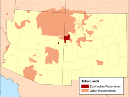 image of a map of NM and AZ with Zuni lands highlighted in red