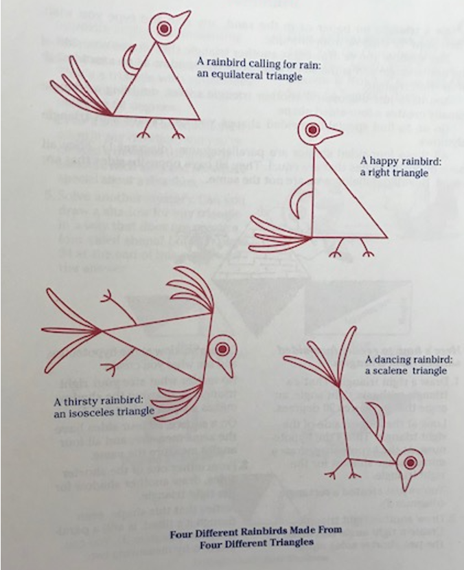 image of different types of rainbirds. Equilateral triangle = rainbird calling for rain, Right triangle = happy rainbird, isosceles triangle = thirsty rainbird, scalene triangle = dancing rainbird